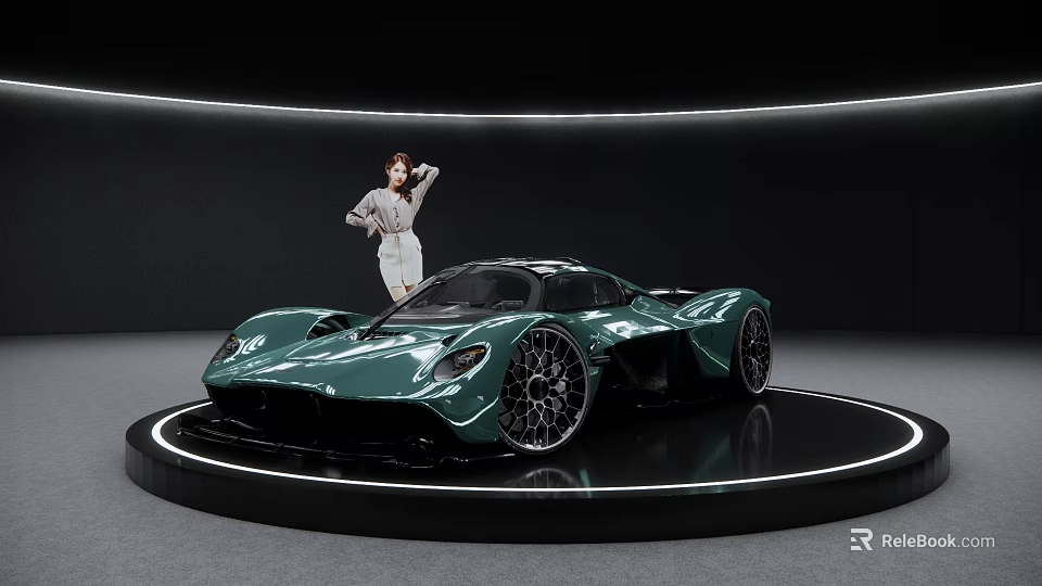 Green Sports Car Displayed on Circular Platform with Elegant Woman in Modern Exhibition Hall 3d model 