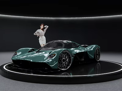 Green Sports Car Displayed on Circular Platform with Elegant Woman in Modern Exhibition Hall 3d model