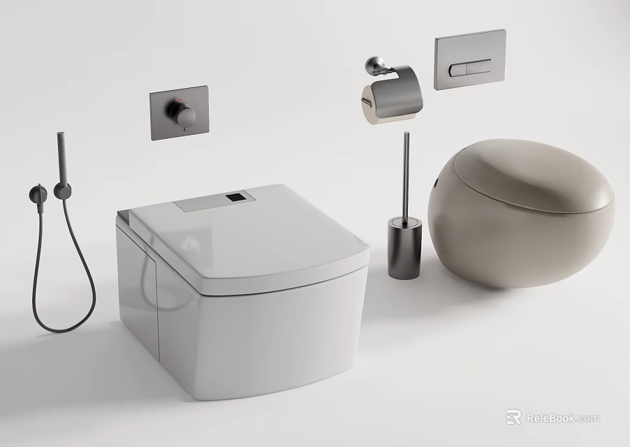 Modern Bathroom Toilet Design With White Gray Toilet Brush And Tissue Holder 3d model 