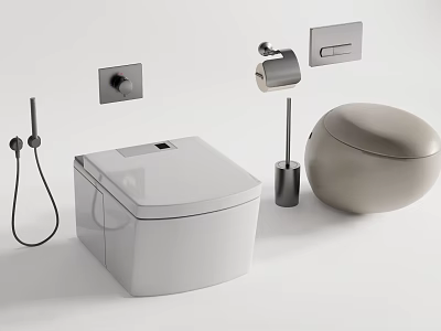 Modern Bathroom Toilet Design With White Gray Toilet Brush And Tissue Holder 3d model
