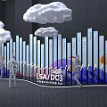 Modern Interior Display With Cloud Decorations Vertical Stripe Curved Wall Colorful Gradient And Human Silhouettes