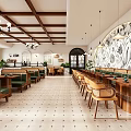 Spacious Restaurant Interior With Wooden Ceiling Beams Chandeliers Arched Windows Green Cushioned Seats And Plants
