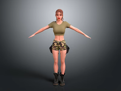 Woman In Green Cropped Top And Camouflage Shorts With Black Boots Arms Outstretched Gray Background 3d model