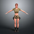 Woman In Green Cropped Top And Camouflage Shorts With Black Boots Arms Outstretched Gray Background