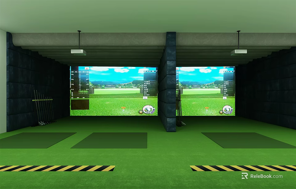 Indoor Golf Practice Facility With Virtual Screens Green Turf And Warning Stripes 3d model 
