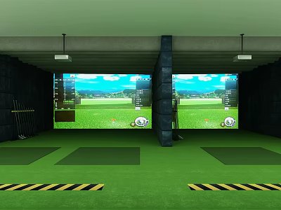 Indoor Golf Practice Facility With Virtual Screens Green Turf And Warning Stripes 3d model