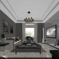 Modern Living and Dining Room Interior With Chandelier Sofa Coffee Table TV And Marble Wall