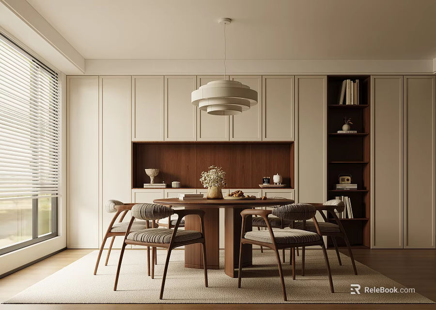 Minimalist Restaurant Interior With Wooden Dining Table Chairs Pendant Light And Window Blinds 3d model 