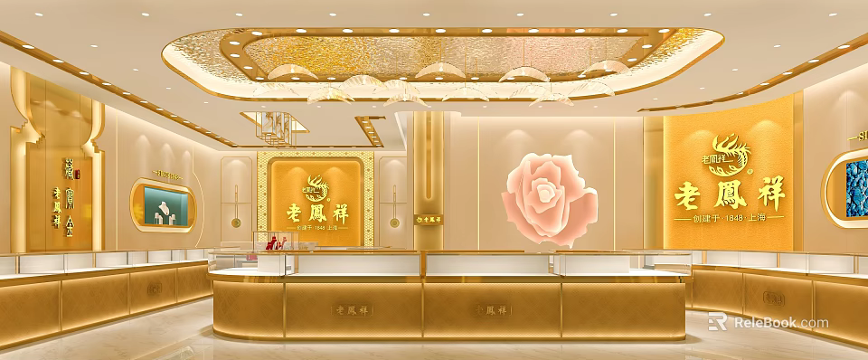 Luxurious Gold toned Jewelry Store Interior With Counters Chandeliers And Pink Rose Decoration 3d model 