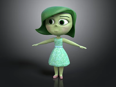 Cartoon Character With Green Hair Light Green Dress Big Eyes And Outstretched Arms 3d model