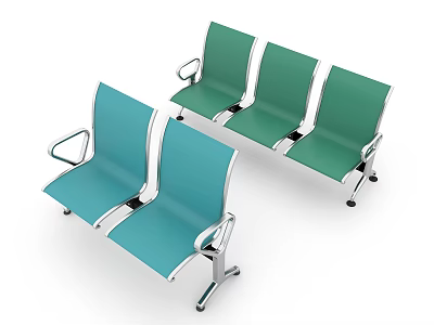 Two Rows of Blue and Green Public Seats with Metal Frame and Armrests 3d model