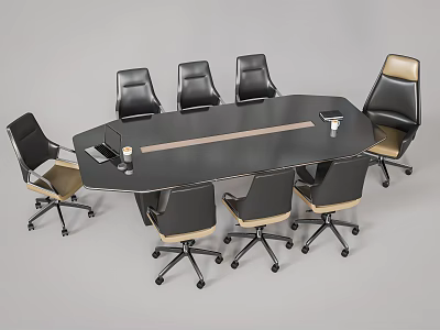 Modern Conference Table With Black Surface Wooden Accent And Ergonomic Rolling Chairs 3d model