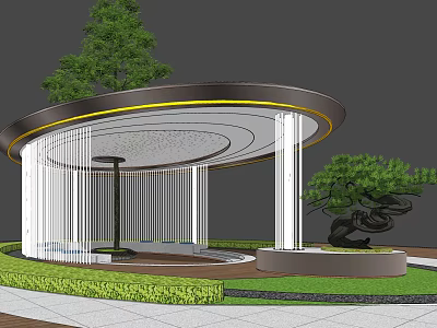 Circular Pergola With Curved Yellow Edge Glass Columns And Bonsai Tree In Lawn 3d model