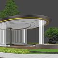 Circular Pergola With Curved Yellow Edge Glass Columns And Bonsai Tree In Lawn