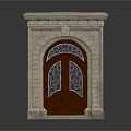 Classical Wooden Entry Door With Arched Stone Frame And Carved Glass Panels