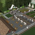 Rural Landscape With Vegetable Gardens Outdoor Seating Paths And Thatched Roof Structures