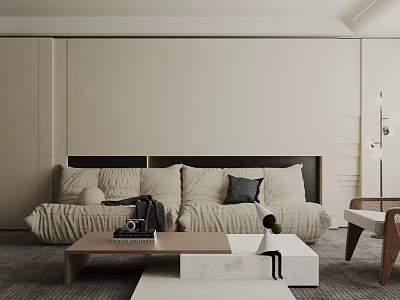 Neutral Tones Living Room Interior With Beige Sofa Throw Pillows And Wooden Coffee Table 3d model