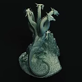 Multi Headed Mythical Creature Sculpture Carving With Blue Eyes And Rock Base