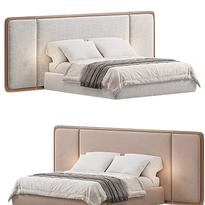 Modern Double Bed With Upholstered Headboard White Pillows And Gray Blanket 3d model