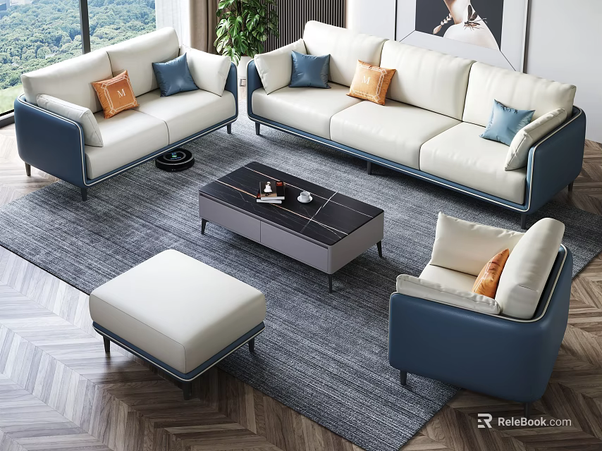 Modern White Blue Sofa Coffee Table Set With Ottoman Pillows Green Plants And Window View 3d model 