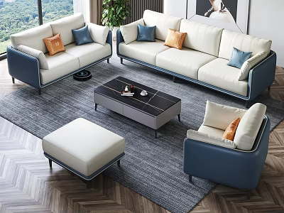 Modern White Blue Sofa Coffee Table Set With Ottoman Pillows Green Plants And Window View 3d model