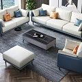 Modern White Blue Sofa Coffee Table Set With Ottoman Pillows Green Plants And Window View