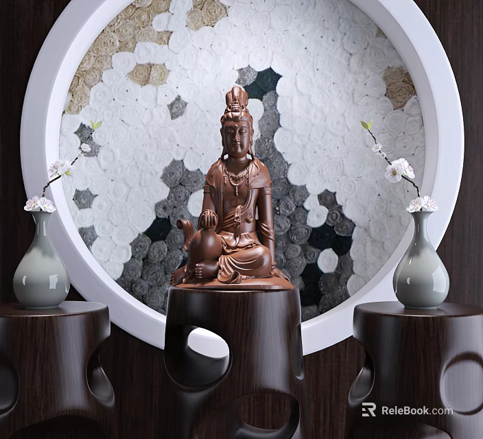 Bronze Guanyin Sculpture On Wooden Base With Circular Decorative Background And Vases 3d model 
