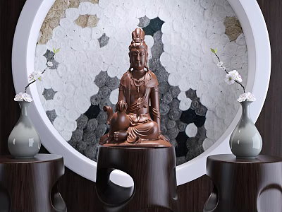 Bronze Guanyin Sculpture On Wooden Base With Circular Decorative Background And Vases 3d model