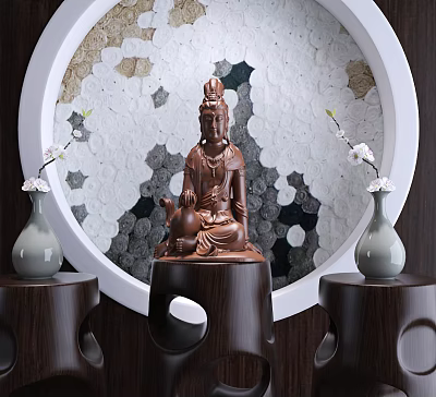 Bronze Guanyin Sculpture On Wooden Base With Circular Decorative Background And Vases 3d model