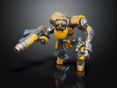 Smart Yellow Robot Featuring Mechanical Arm Weapon And Durable Metallic Design 3d model