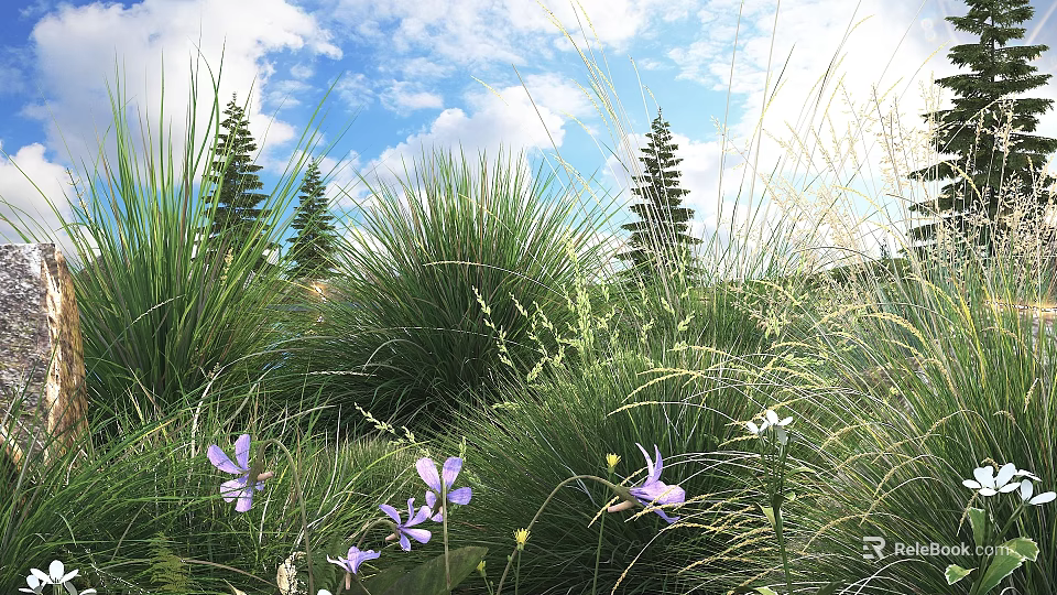 Vibrant Purple Flowers And Lush Tall Grasses With Pine Trees Under Sunny Blue Sky 3d model 