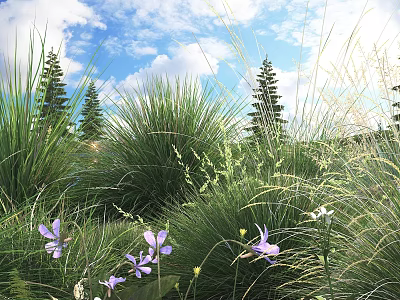 Vibrant Purple Flowers And Lush Tall Grasses With Pine Trees Under Sunny Blue Sky 3d model