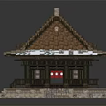 Traditional Ancient Architecture With Snow Covered Roof Wooden Frame Stone Steps And Red Door