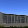 Modern Office Building Exterior Featuring Large Glass Windows White Facade Symmetrical Design And Greenery Around