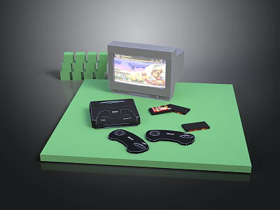 Retro Gaming Setup With Old TV Game Console Controllers Cartridges And Green Blocks 3d model
