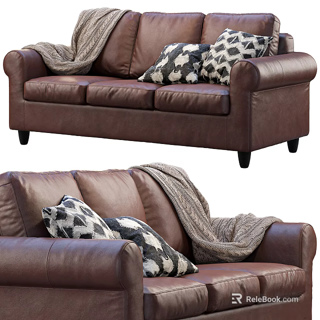Brown Leather Two Seater Sofa With Gray Knitted Blanket And Black White Geometric Pillows 3d model 