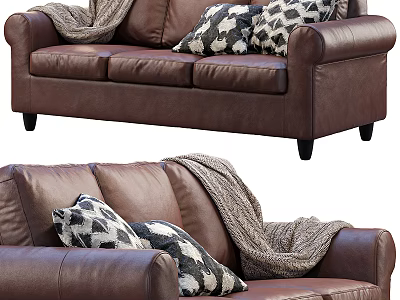Brown Leather Two Seater Sofa With Gray Knitted Blanket And Black White Geometric Pillows 3d model