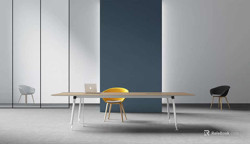 Minimalist Modern Conference Table With Wooden Top White Legs Yellow Chair And Laptop 3d model 