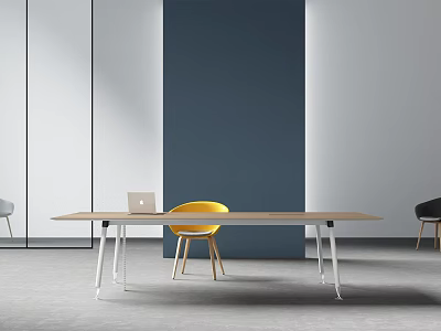 Minimalist Modern Conference Table With Wooden Top White Legs Yellow Chair And Laptop 3d model