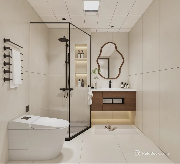Modern Bathroom Interior With Glass Shower Enclosure Smart Toilet Wooden Vanity And Oval Mirror 3d model 