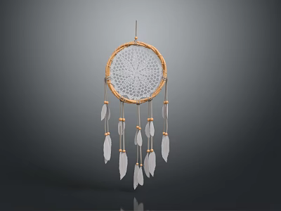 Decorative White Woven Circular Dreamcatcher with Golden Rim and Hanging White Feathers 3d model