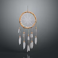 Decorative White Woven Circular Dreamcatcher with Golden Rim and Hanging White Feathers
