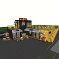 Shipping Container Building With Yellow Exterior Basketball Court And Palm Trees Outdoor Area