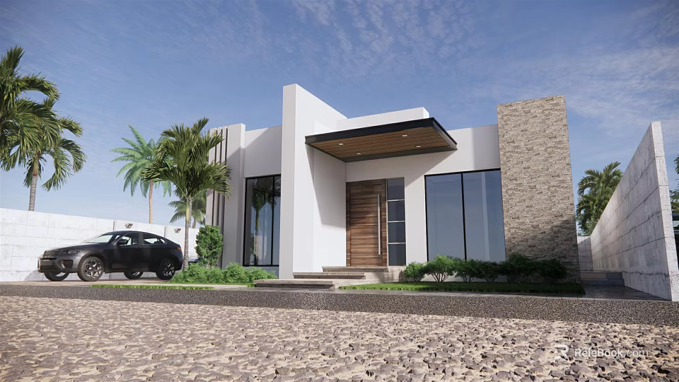Modern Detached Home Exterior With White Stone Accent Walls Large Windows Wooden Door Gravel Driveway 3d model 