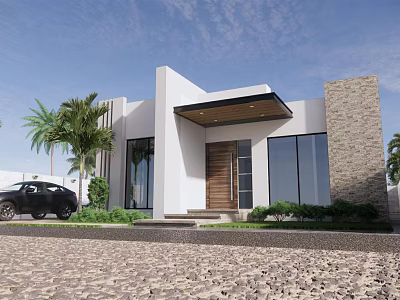 Modern Detached Home Exterior With White Stone Accent Walls Large Windows Wooden Door Gravel Driveway 3d model