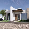 Modern Detached Home Exterior With White Stone Accent Walls Large Windows Wooden Door Gravel Driveway