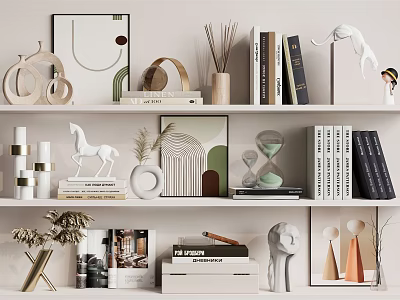 Stylish Decorative Ornament Set With Books Hourglass Geometric Decor And Horse Figurine For Home Shelf 3d model