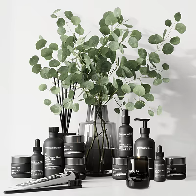 Perfume Cosmetics Display With Black Bottles And Green Leaves In Glass Vase 3d model