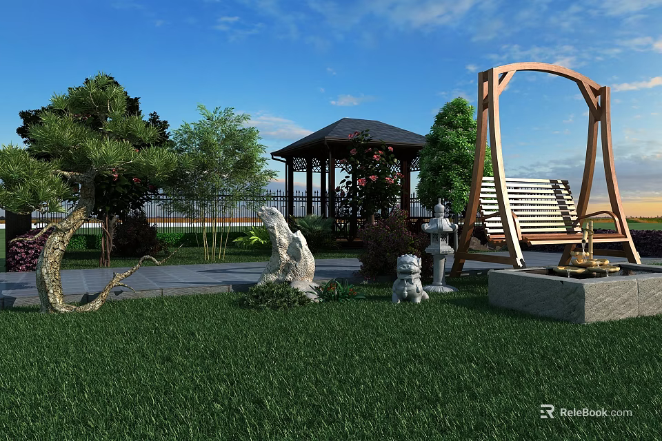 Beautiful Garden Yard Design With Green Grass Wooden Gazebo Swing Bench Stone Statues And Trees 3d model 