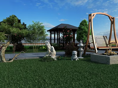 Beautiful Garden Yard Design With Green Grass Wooden Gazebo Swing Bench Stone Statues And Trees 3d model